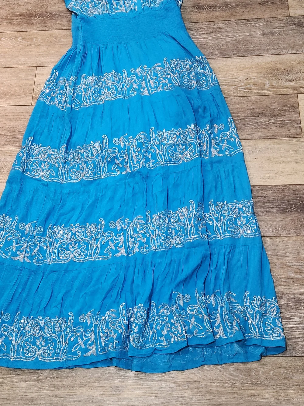 BOSTON PROPER METALLIC EMBROIDERED SEQUINS TIERED PEASANT MAXI DRESS LARGE - Picture 5 of 9